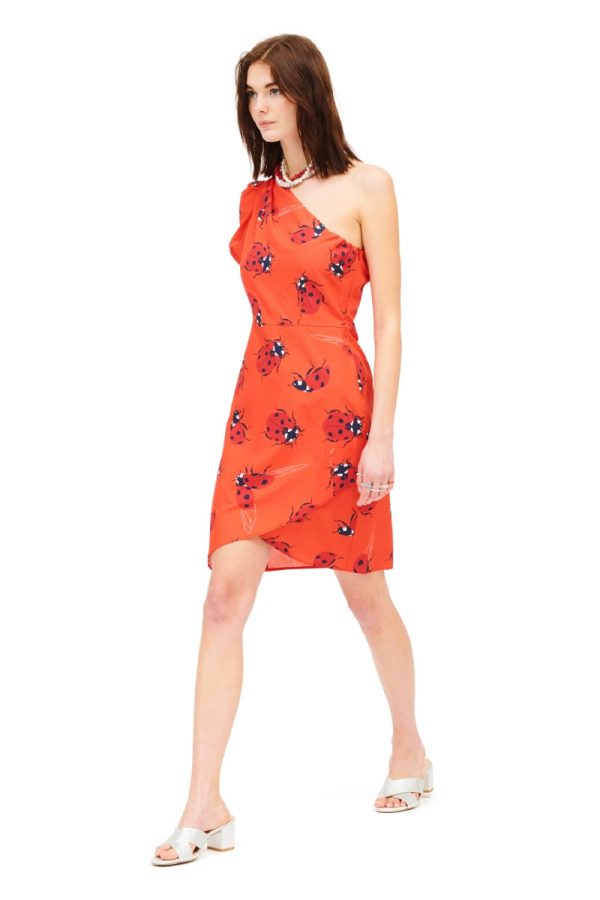 Φόρεμα κοντό με έναν ώμο με print πασχαλίτσες